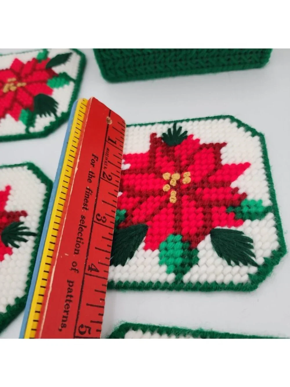 Vintage Cross Stitch Coaster Set Christmas Poinsettia  Set 6 Handmade W/storage